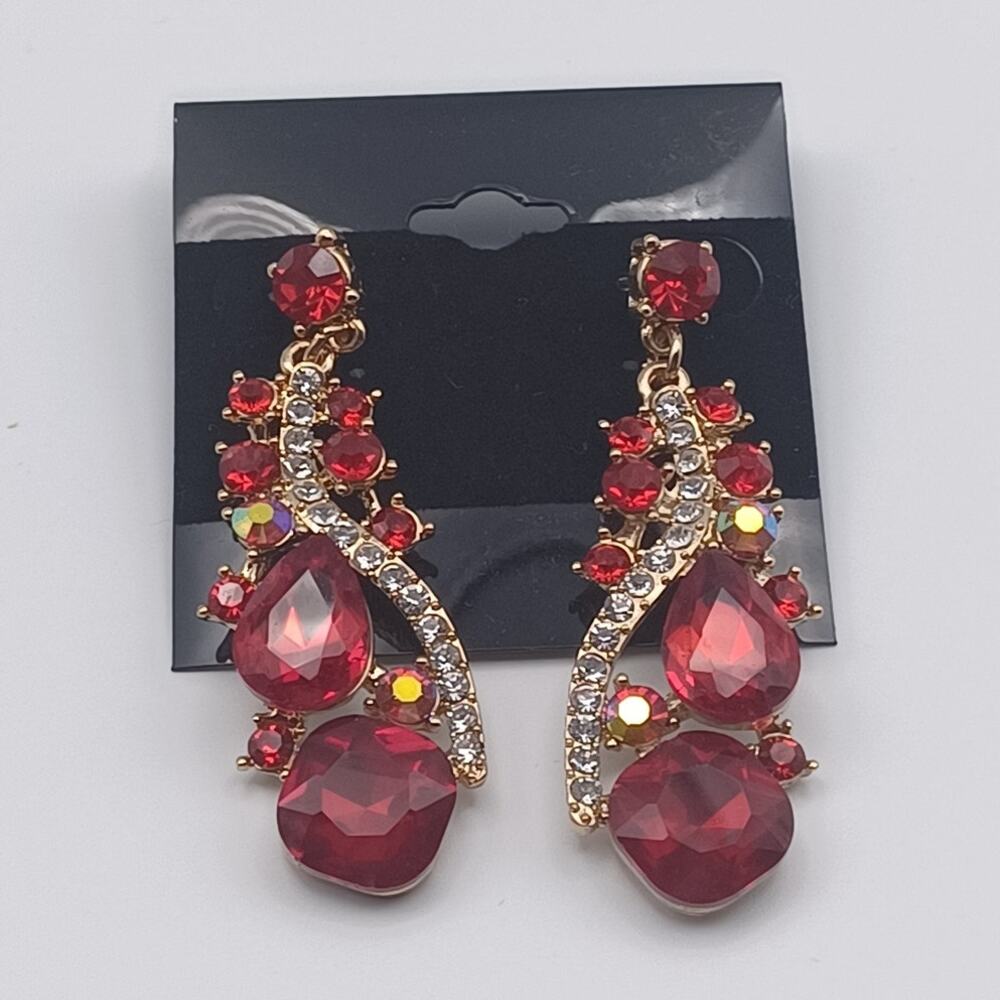 Unbranded Gold Tone Red Dangle Drop Earrings Pageant Statement